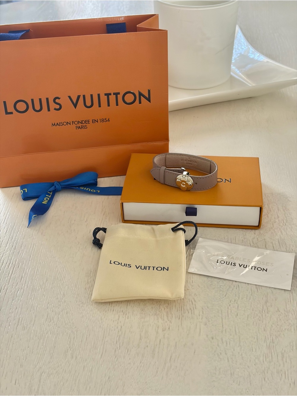 Louis Vuitton Taupe Leather Double Wrap Bracelet with Gold LV Charm